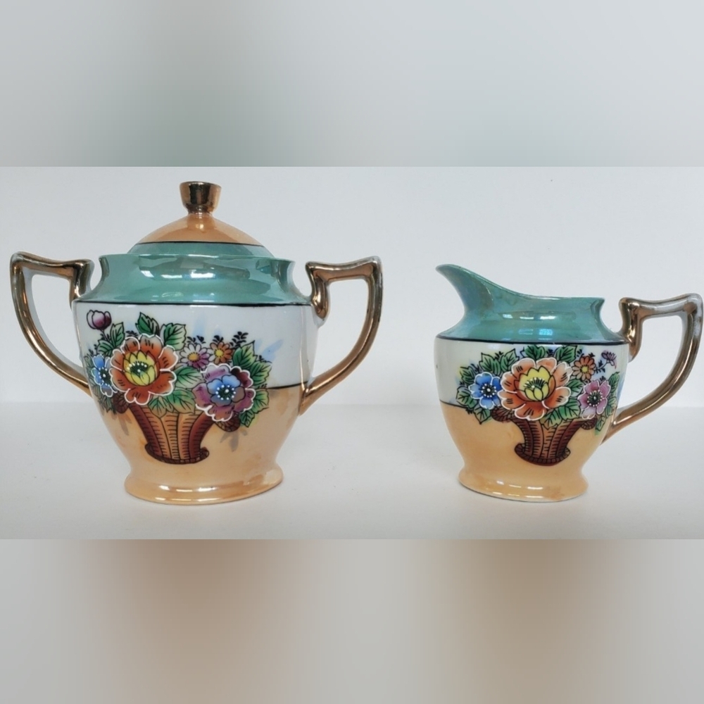 1985 Shafford Original, Teal and Gold: Japanese Cream and Sugar Bowl Set.